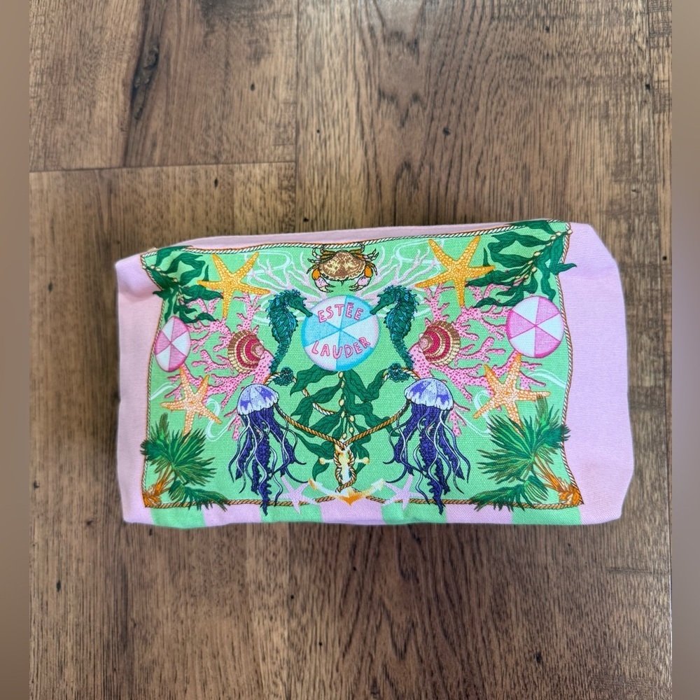 ESTEE LAUDER Recycled Fabric Makeup  Bag Bag Green Pink Striped with Zipper